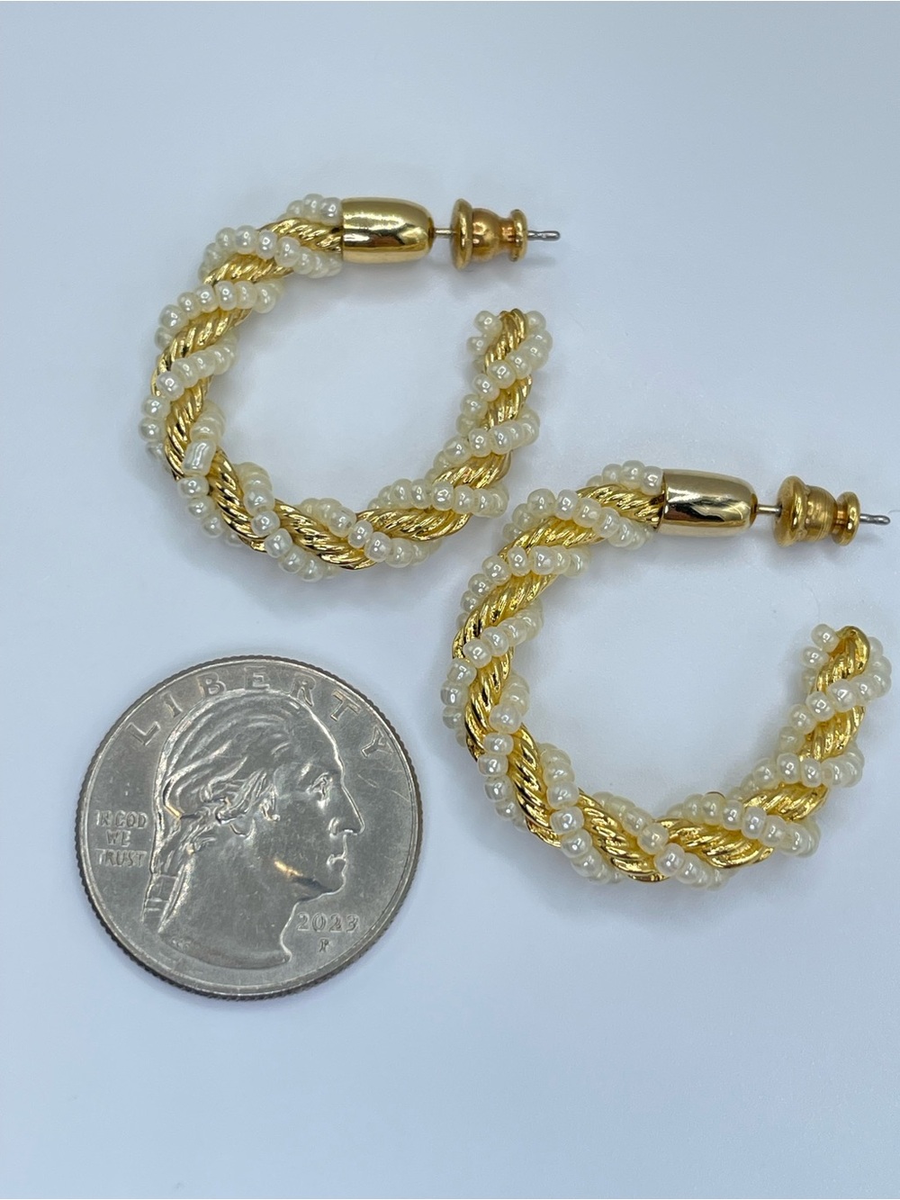 Vintage Style Gold Tone Faux Pearl Twisted Hoop Earrings